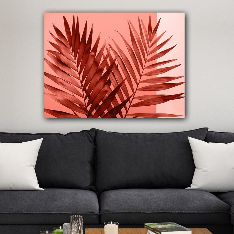 Canvas taulu 70x100 cm - Tummat palmunlehdet vaaleaa korallitaustaa vasten - Tummanpunainen / Koralli - Sisustustuotteet - Taulu & taide - Canvas-taulu