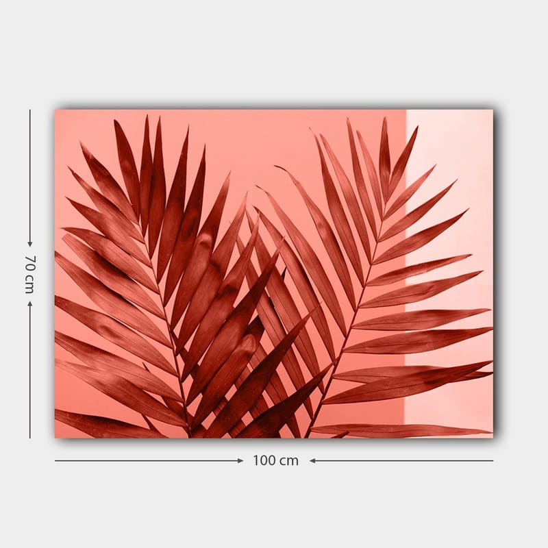 Canvas taulu 70x100 cm - Tummat palmunlehdet vaaleaa korallitaustaa vasten - Tummanpunainen / Koralli - Sisustustuotteet - Taulu & taide - Canvas-taulu