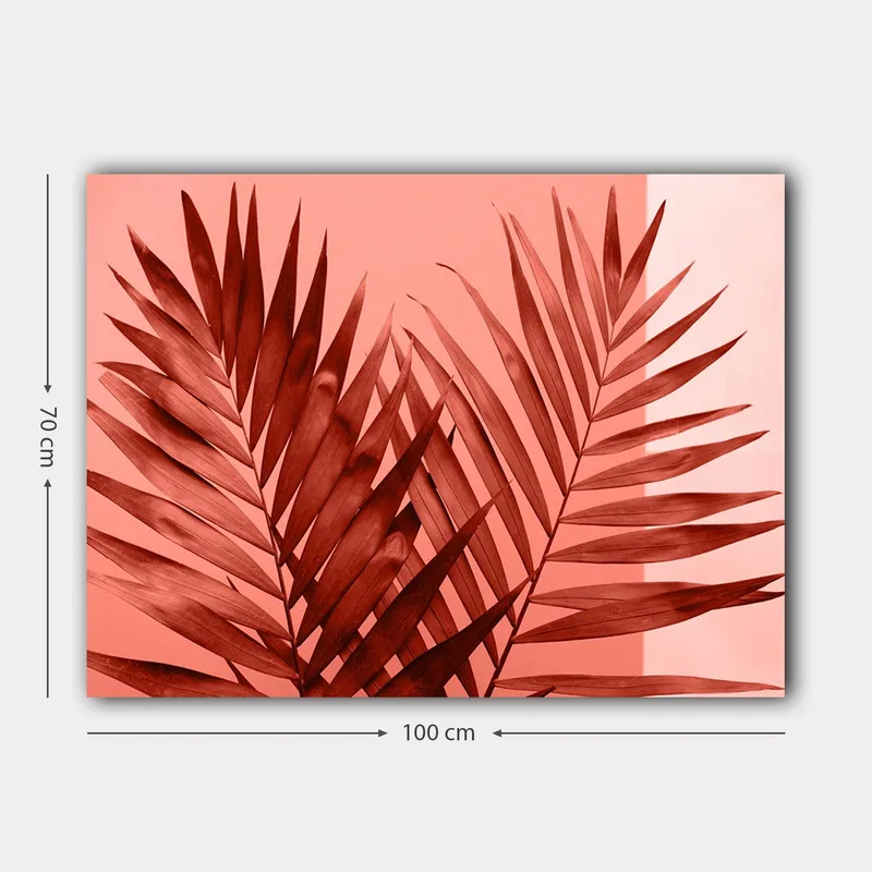 Canvas taulu 70x100 cm - Tummat palmunlehdet vaaleaa korallitaustaa vasten - Tummanpunainen / Koralli - Sisustustuotteet - Taulu & taide - Canvas-taulu