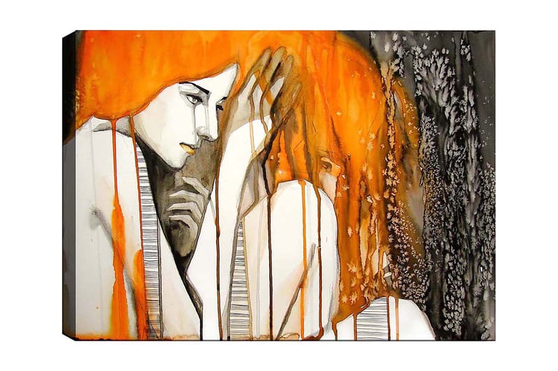 Canvas taulu 70x100 cm - Tunnekuva kahdesta naisesta, jotka ilmaisevat läheisyyttä ja haavoittuvuutta, Oranssi / Musta / Harmaa