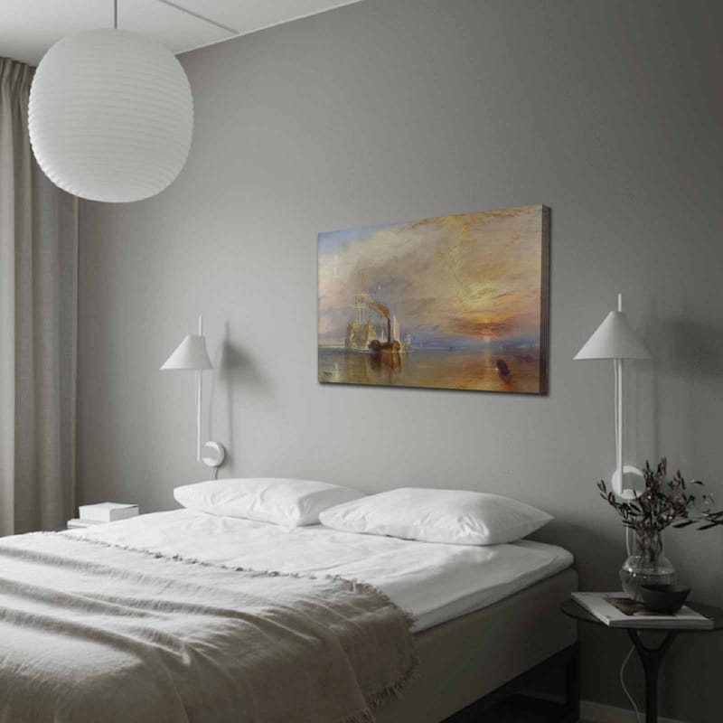 Canvas taulu 70x100 cm - Tunnelmallinen järvimaisema höyrylaivoilla purjehtimassa värikkään taivaan alla, Sininen / Oranssi / Harmaa