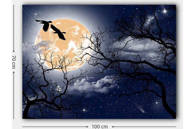 Canvas taulu 70x100 cm - Tunnelmallinen yömaisema, jossa suuri kuu ja taivaalla lentävien puiden ja lintujen siluetit - Tummansininen / Musta / Vaaleankeltainen - Sisustustuotteet - Taulu & taide - Canvas-taulu