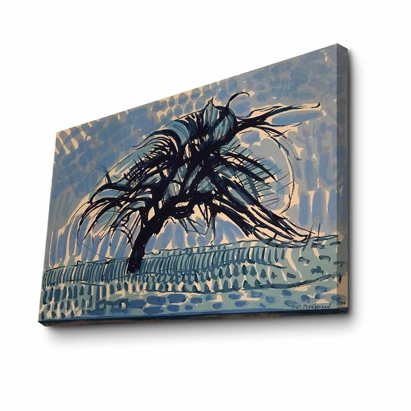 Canvas taulu 70x100 cm - Tuulen pieksemä puu sinistä taivasta vasten, Sininen / Musta / Beige