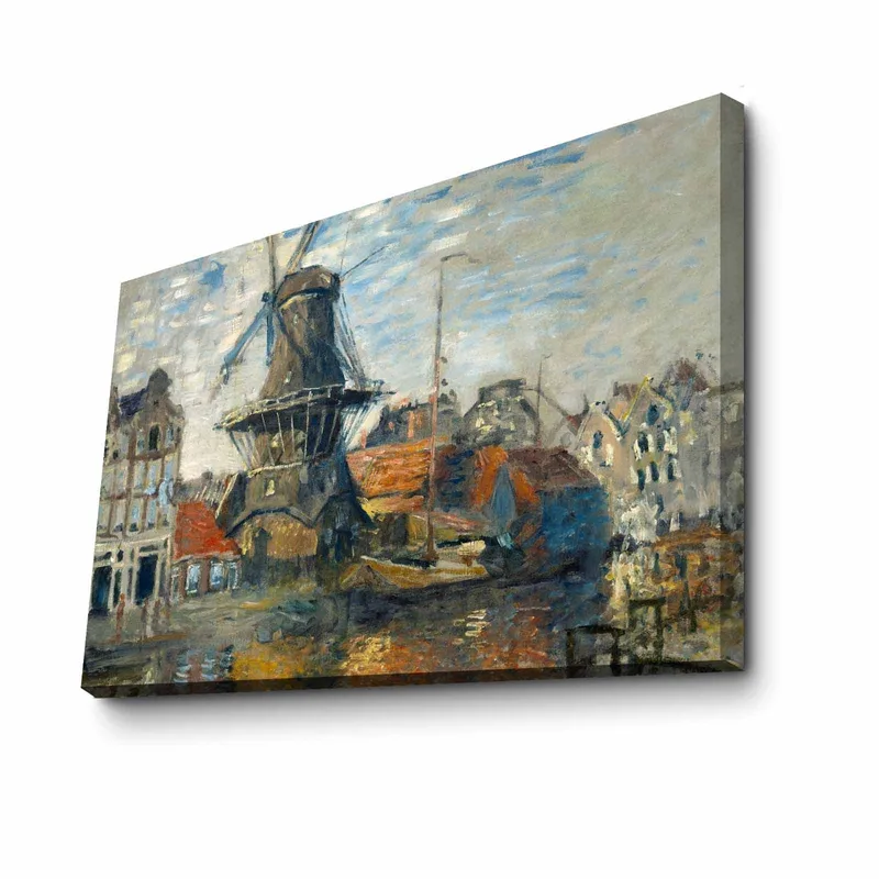 Canvas taulu 70x100 cm - Tuulimylly vesistön rannalla, viehättävien rakennusten ympäröimänä - Sininen / Vihreä / Oranssi - Sisustustuotteet - Taulu & taide - Canvas-taulu