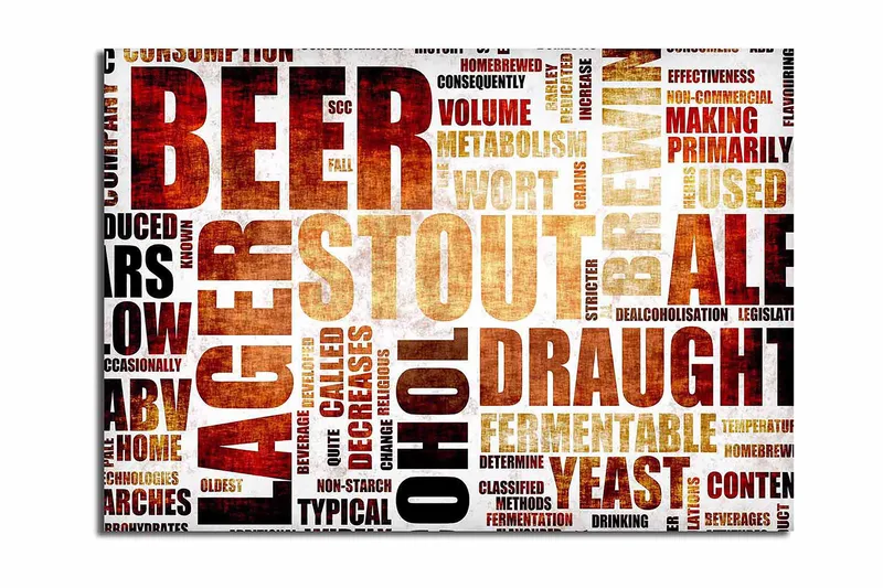 Canvas taulu 70x100 cm - Typografinen sommitelma, jossa keskitytään erityyppisiin oluisiin ja panimotermeihin, Tummanruskea / Beige / Musta