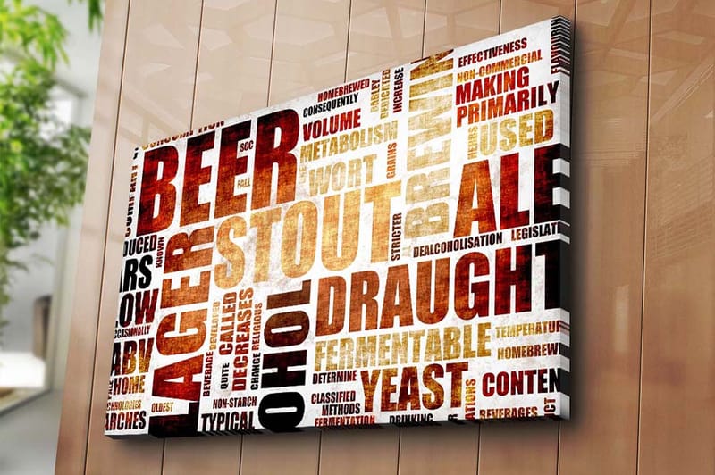 Canvas taulu 70x100 cm - Typografinen sommitelma, jossa keskitytään erityyppisiin oluisiin ja panimotermeihin - Tummanruskea / Beige / Musta - Sisustustuotteet - Taulu & taide - Canvas-taulu