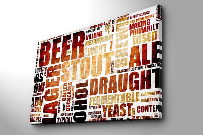 Canvas taulu 70x100 cm - Typografinen sommitelma, jossa keskitytään erityyppisiin oluisiin ja panimotermeihin - Tummanruskea / Beige / Musta - Sisustustuotteet - Taulu & taide - Canvas-taulu