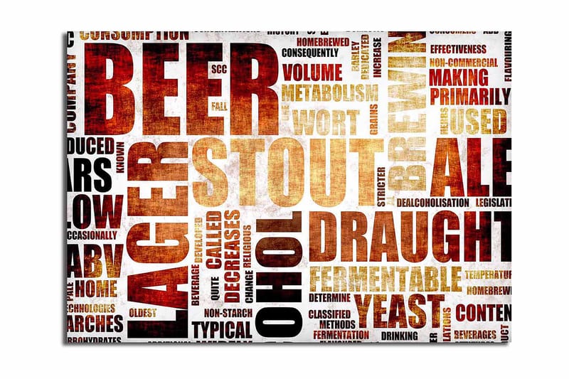 Canvas taulu 70x100 cm - Typografinen sommitelma, jossa keskitytään erityyppisiin oluisiin ja panimotermeihin, Tummanruskea / Beige / Musta