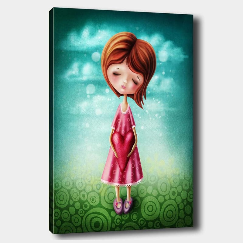 Canvas taulu 70x100 cm - Tyttö pitelee edessään suurta punaista sydäntä, yllään vaaleanpunainen mekko, Vaaleanpunainen / Punainen / Vihreä