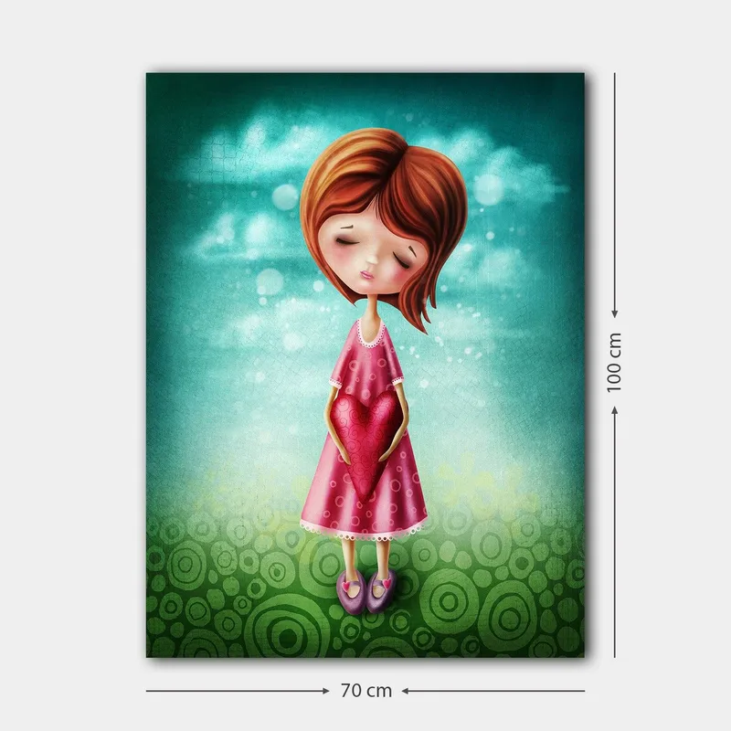 Canvas taulu 70x100 cm - Tyttö pitelee edessään suurta punaista sydäntä, yllään vaaleanpunainen mekko - Vaaleanpunainen / Punainen / Vihreä - Sisustustuotteet - Taulu & taide - Canvas-taulu