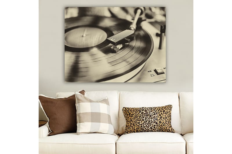 Canvas taulu 70x100 cm - Tyylikäs kuva levysoittimesta ja pyörivästä vinyylilevystä - Musta / Harmaa - Sisustustuotteet - Taulu & taide - Canvas-taulu