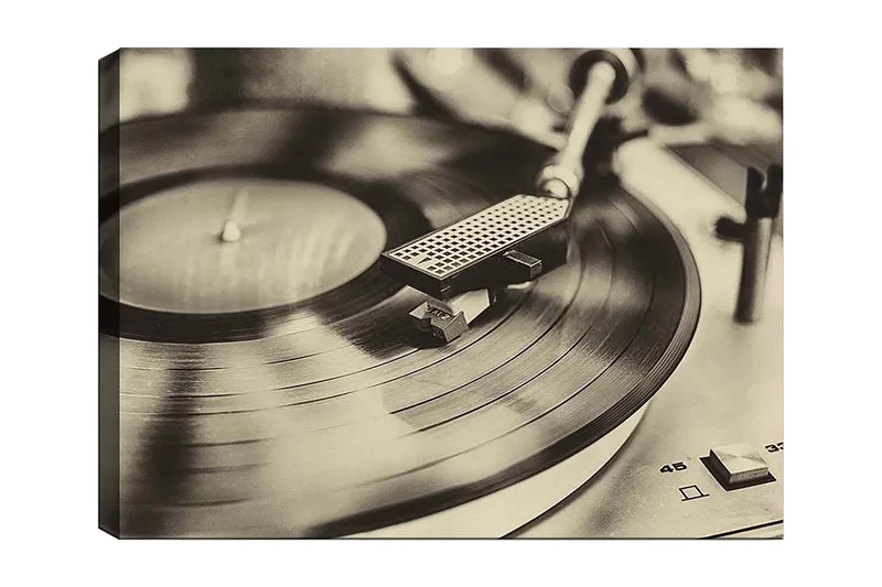 Canvas taulu 70x100 cm - Tyylikäs kuva levysoittimesta ja pyörivästä vinyylilevystä, Musta / Harmaa