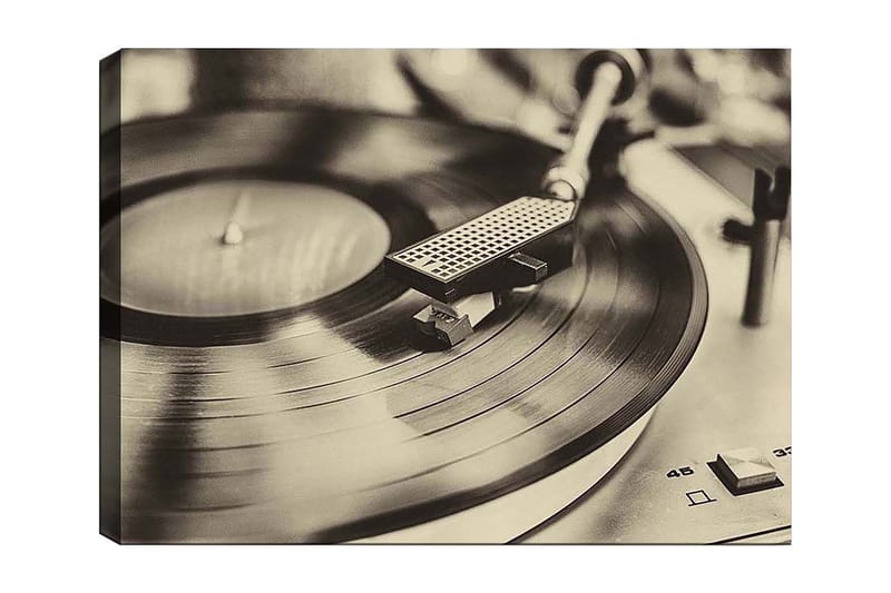 Canvas taulu 70x100 cm - Tyylikäs kuva levysoittimesta ja pyörivästä vinyylilevystä, Musta / Harmaa