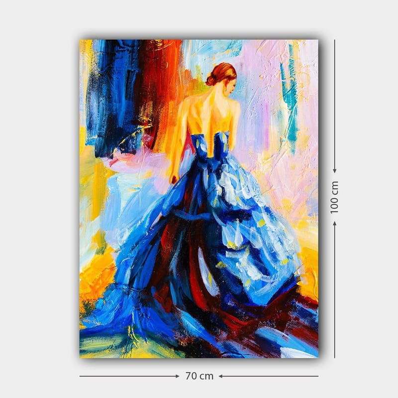 Canvas taulu 70x100 cm - Tyylikäs nainen kauniissa mekossa seisoo selkä katsojaan päin - Tummansininen / Punainen / Keltainen - Sisustustuotteet - Taulu & taide - Canvas-taulu