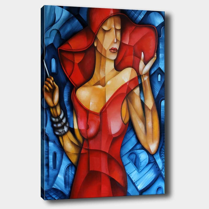 Canvas taulu 70x100 cm - Tyylikäs nainen punaisessa mekossa ja isossa hatussa pitelemässä aurinkovarjoa tyylitellyssä asetelmassa - Punainen / Sininen / Beige - Sisustustuotteet - Taulu & taide - Canvas-taulu