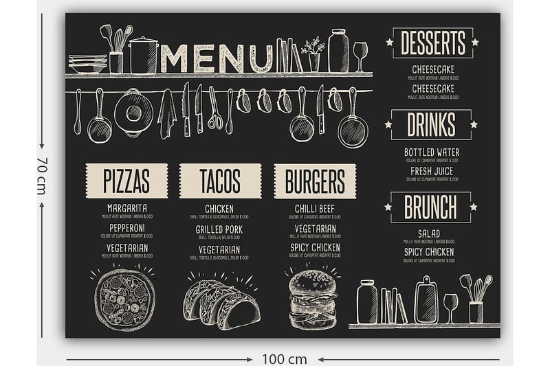 Canvas taulu 70x100 cm - Tyylikkäästi kuvitettu ruokalista, jossa on erilaisia ruokia ja juomia - Musta / Beige - Sisustustuotteet - Taulu & taide - Canvas-taulu