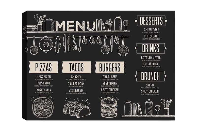 Canvas taulu 70x100 cm - Tyylikkäästi kuvitettu ruokalista, jossa on erilaisia ruokia ja juomia, Musta / Beige