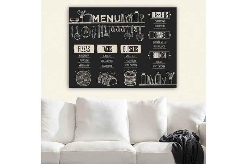 Canvas taulu 70x100 cm - Tyylikkäästi kuvitettu ruokalista, jossa on erilaisia ruokia ja juomia - Musta / Beige - Sisustustuotteet - Taulu & taide - Canvas-taulu