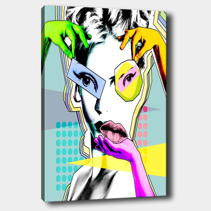 Canvas taulu 70x100 cm - Tyylitellyt naisen kasvot, joiden kanssa värikkäät kädet ovat vuorovaikutuksessa, Vihreä / Vaaleanpunainen / Keltainen