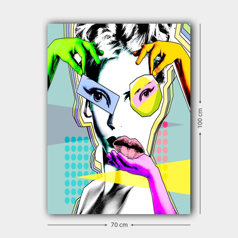 Canvas taulu 70x100 cm - Tyylitellyt naisen kasvot, joiden kanssa värikkäät kädet ovat vuorovaikutuksessa - Vihreä / Vaaleanpunainen / Keltainen - Sisustustuotteet - Taulu & taide - Canvas-taulu