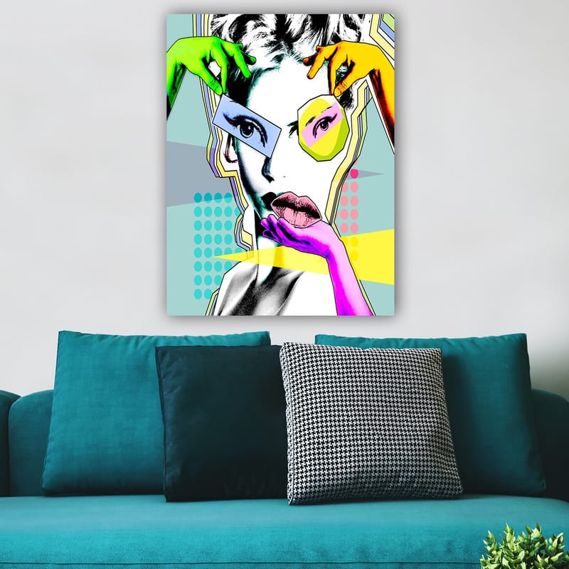 Canvas taulu 70x100 cm - Tyylitellyt naisen kasvot, joiden kanssa värikkäät kädet ovat vuorovaikutuksessa - Vihreä / Vaaleanpunainen / Keltainen - Sisustustuotteet - Taulu & taide - Canvas-taulu