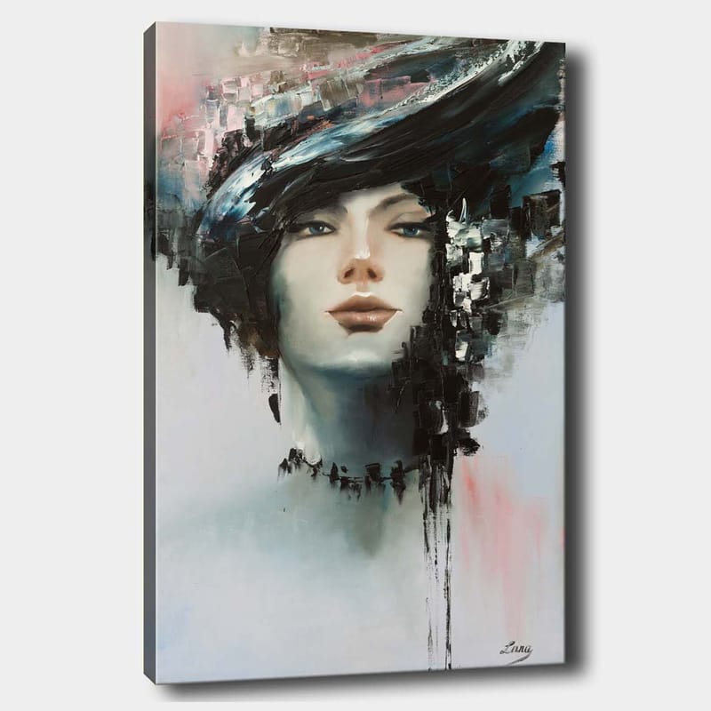 Canvas taulu 70x100 cm - Tyylitellyt naisen kasvot dramaattisella mustan ja harmaan kampauksella, Musta / Harmaa / Beige
