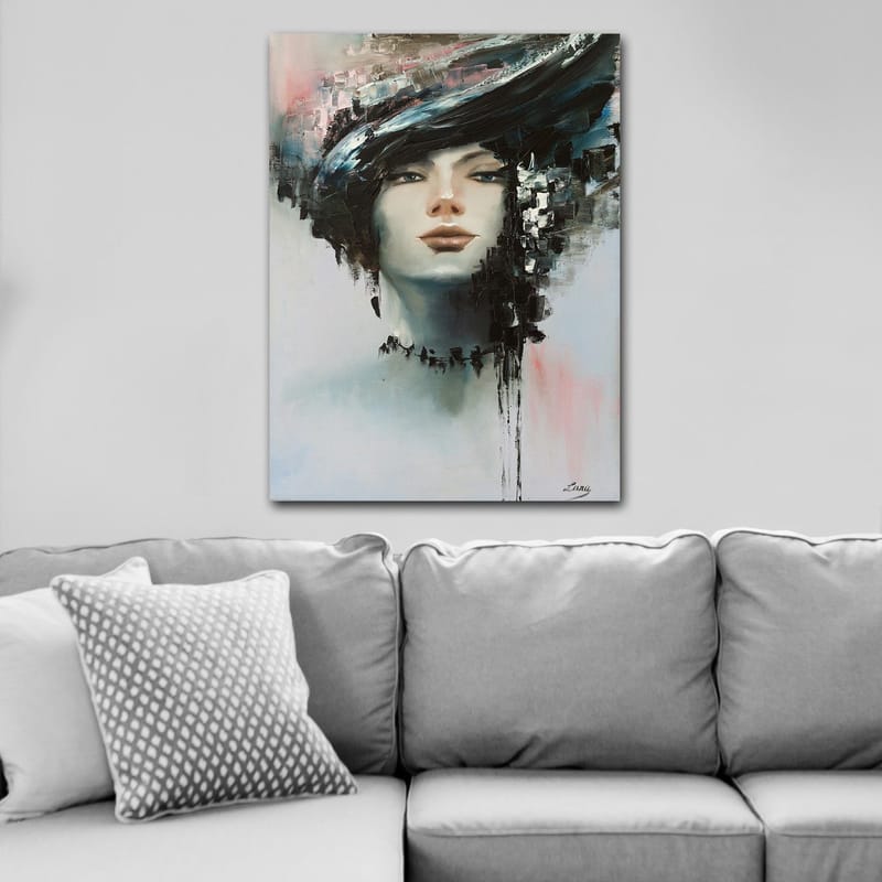 Canvas taulu 70x100 cm - Tyylitellyt naisen kasvot dramaattisella mustan ja harmaan kampauksella - Musta / Harmaa / Beige - Sisustustuotteet - Taulu & taide - Canvas-taulu