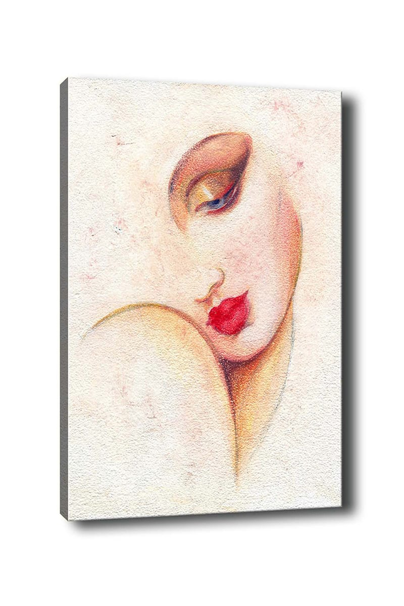 Canvas taulu 70x100 cm - Tyylitellyt naisen kasvot näyttävine huulineen ja silmineen, Punainen / Beige / Ruskea