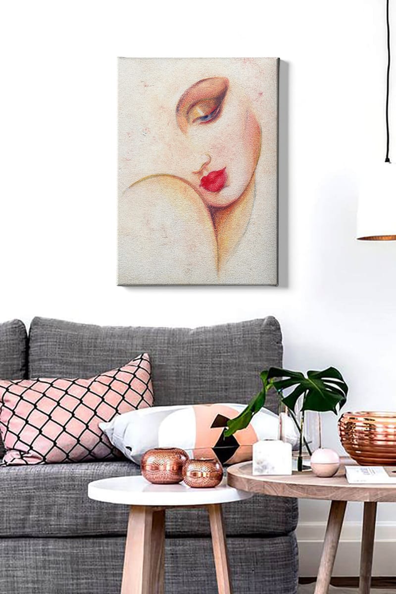 Canvas taulu 70x100 cm - Tyylitellyt naisen kasvot näyttävine huulineen ja silmineen - Punainen / Beige / Ruskea - Sisustustuotteet - Taulu & taide - Canvas-taulu