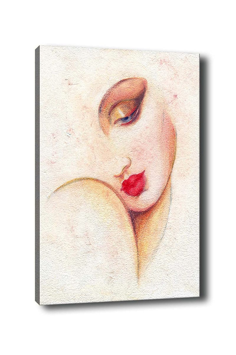 Canvas taulu 70x100 cm - Tyylitellyt naisen kasvot näyttävine huulineen ja silmineen, Punainen / Beige / Ruskea