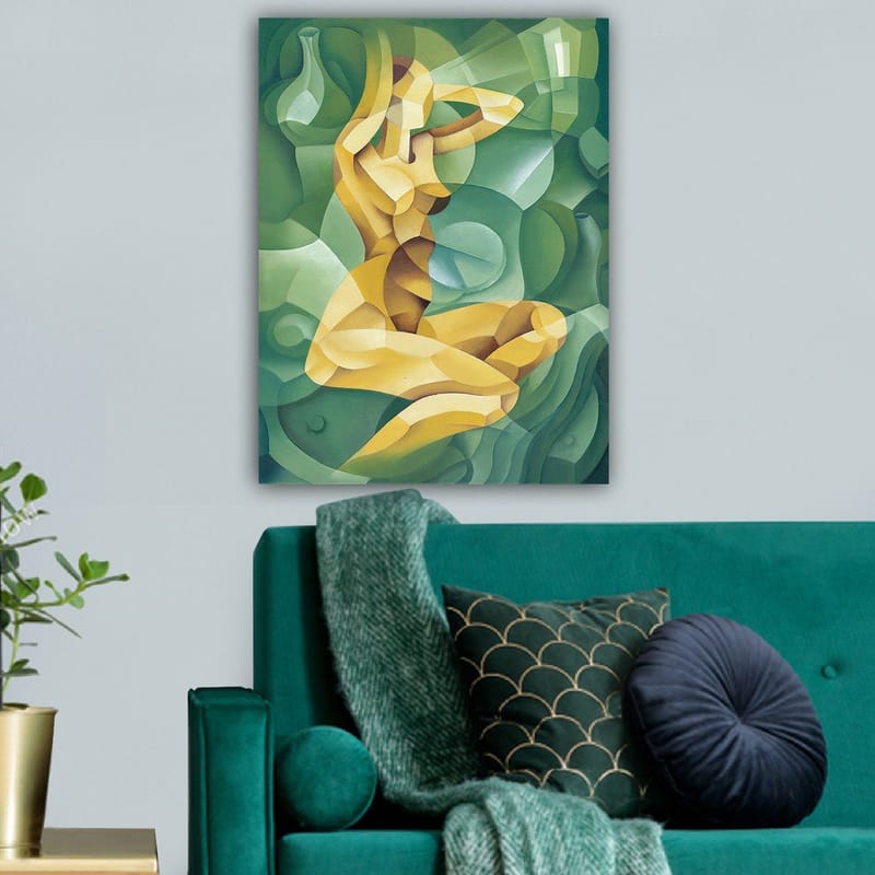 Canvas taulu 70x100 cm - Tyylitelty alastonhahmo istuu toinen käsi pään takana, orgaanisten muotojen ympäröimänä - Keltainen / Vihreä - Sisustustuotteet - Taulu & taide - Canvas-taulu