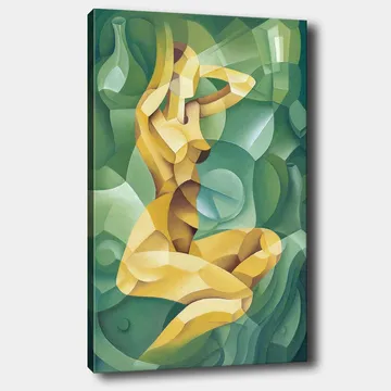 Canvas taulu 70x100 cm - Tyylitelty alastonhahmo istuu toinen käsi pään takana, orgaanisten muotojen ympäröimänä - Keltainen / Vihreä - Sisustustuotteet - Taulu & taide - Canvas-taulu
