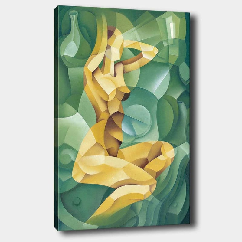 Canvas taulu 70x100 cm - Tyylitelty alastonhahmo istuu toinen käsi pään takana, orgaanisten muotojen ympäröimänä, Keltainen / Vihreä
