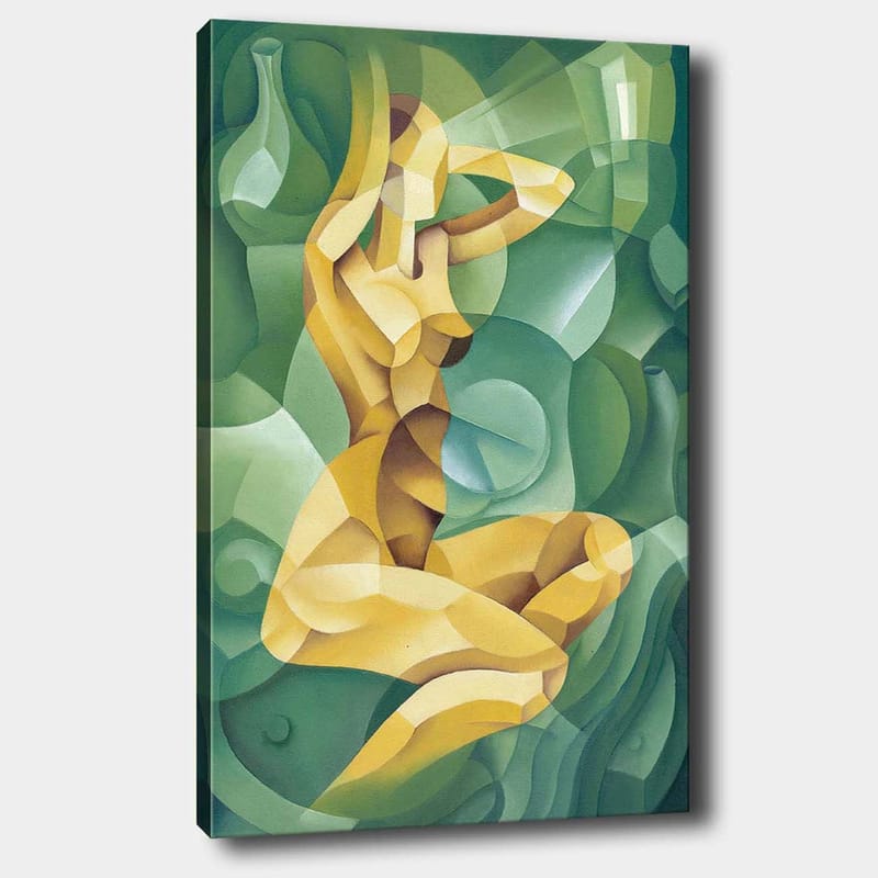 Canvas taulu 70x100 cm - Tyylitelty alastonhahmo istuu toinen käsi pään takana, orgaanisten muotojen ympäröimänä, Keltainen / Vihreä