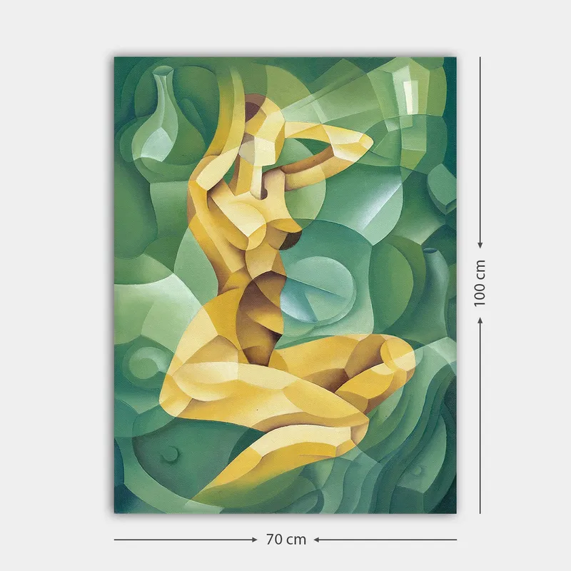 Canvas taulu 70x100 cm - Tyylitelty alastonhahmo istuu toinen käsi pään takana, orgaanisten muotojen ympäröimänä - Keltainen / Vihreä - Sisustustuotteet - Taulu & taide - Canvas-taulu