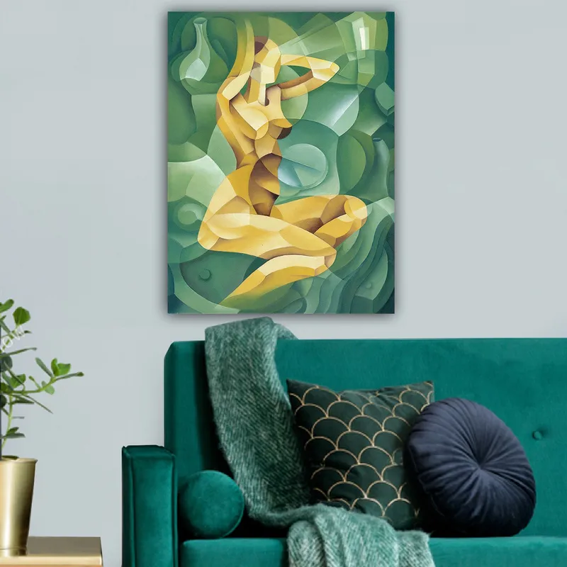 Canvas taulu 70x100 cm - Tyylitelty alastonhahmo istuu toinen käsi pään takana, orgaanisten muotojen ympäröimänä - Keltainen / Vihreä - Sisustustuotteet - Taulu & taide - Canvas-taulu