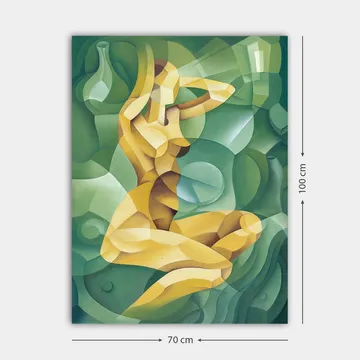 Canvas taulu 70x100 cm - Tyylitelty alastonhahmo istuu toinen käsi pään takana, orgaanisten muotojen ympäröimänä - Keltainen / Vihreä - Sisustustuotteet - Taulu & taide - Canvas-taulu