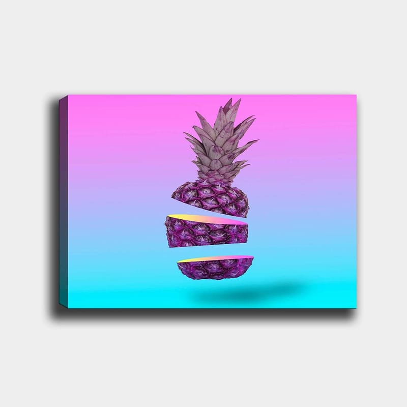 Canvas taulu 70x100 cm - Tyylitelty ananas, leikattu kolmeen osaan, värikkäällä taustalla - Violetti / Keltainen / Turkoosi - Sisustustuotteet - Taulu & taide - Canvas-taulu