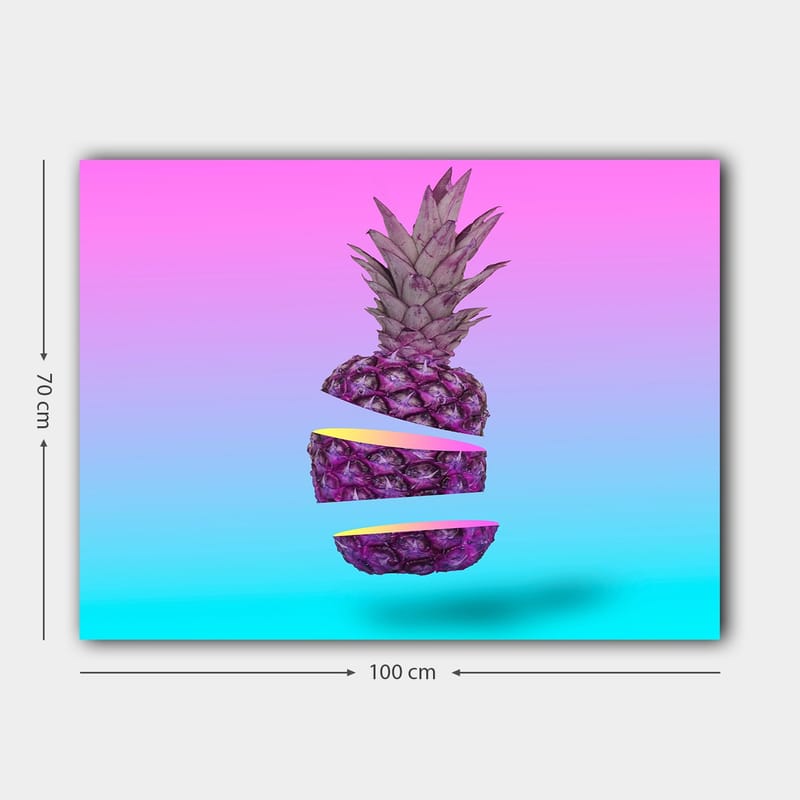 Canvas taulu 70x100 cm - Tyylitelty ananas, leikattu kolmeen osaan, värikkäällä taustalla - Violetti / Keltainen / Turkoosi - Sisustustuotteet - Taulu & taide - Canvas-taulu