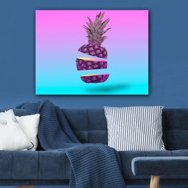 Canvas taulu 70x100 cm - Tyylitelty ananas, leikattu kolmeen osaan, värikkäällä taustalla - Violetti / Keltainen / Turkoosi - Sisustustuotteet - Taulu & taide - Canvas-taulu
