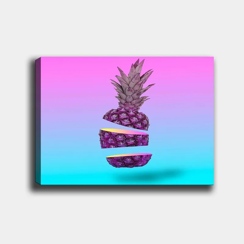 Canvas taulu 70x100 cm - Tyylitelty ananas, leikattu kolmeen osaan, värikkäällä taustalla, Violetti / Keltainen / Turkoosi