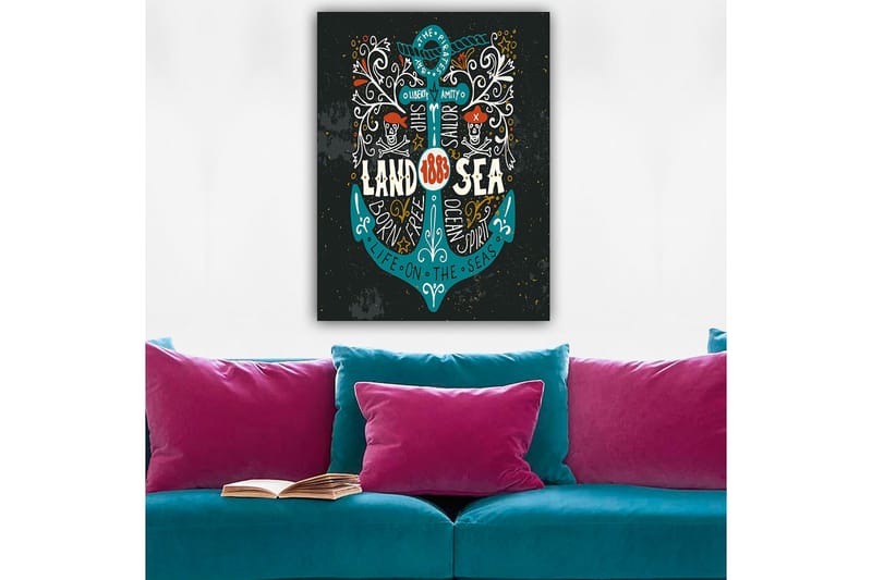 Canvas taulu 70x100 cm - Tyylitelty ankkuri merirosvoaiheisilla elementeillä ja tekstillä, joka korostaa teemaa Land & Hav, Turkoosi / Valkoinen / Musta