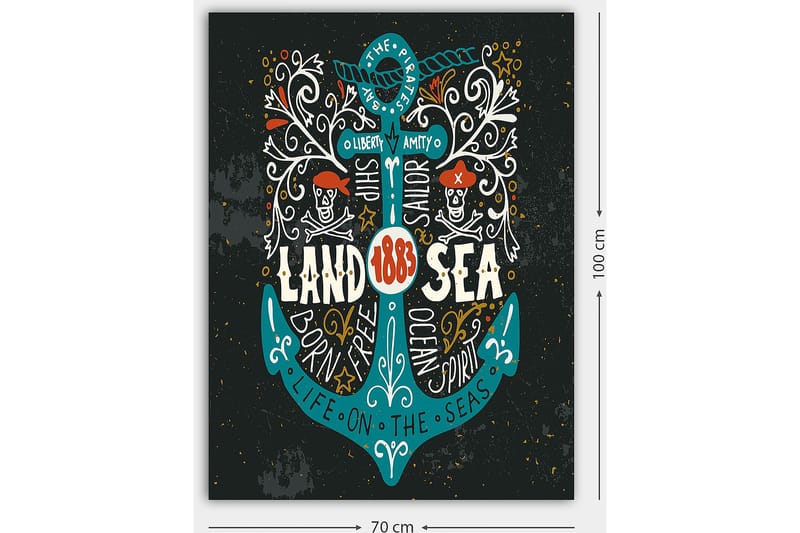 Canvas taulu 70x100 cm - Tyylitelty ankkuri merirosvoaiheisilla elementeillä ja tekstillä, joka korostaa teemaa Land & Hav - Turkoosi / Valkoinen / Musta - Sisustustuotteet - Taulu & taide - Canvas-taulu