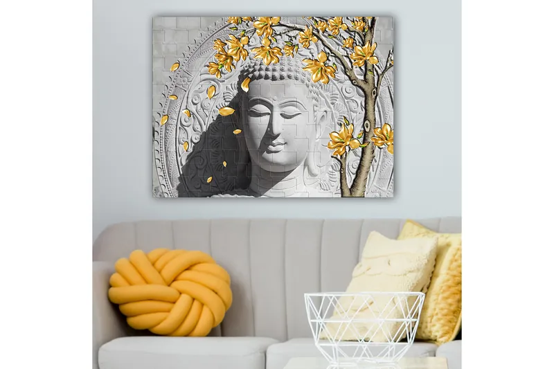 Canvas taulu 70x100 cm - Tyylitelty Buddha kukkivine keltaisine oksineen, Harmaa / Valkoinen / Keltainen