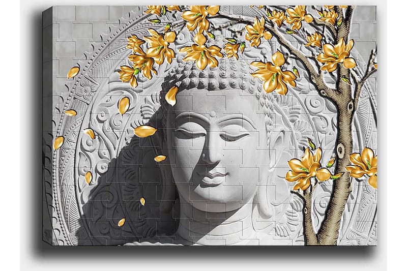 Canvas taulu 70x100 cm - Tyylitelty Buddha kukkivine keltaisine oksineen - Harmaa / Valkoinen / Keltainen - Sisustustuotteet - Taulu & taide - Canvas-taulu