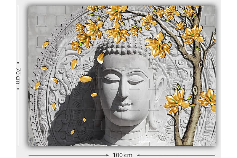 Canvas taulu 70x100 cm - Tyylitelty Buddha kukkivine keltaisine oksineen - Harmaa / Valkoinen / Keltainen - Sisustustuotteet - Taulu & taide - Canvas-taulu