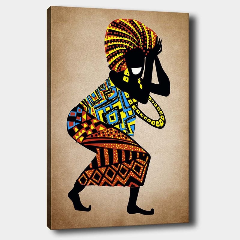 Canvas taulu 70x100 cm - Tyylitelty hahmo värikkäillä kuvioilla tanssimassa suuren päähineen kanssa, Musta / Punainen / Sininen