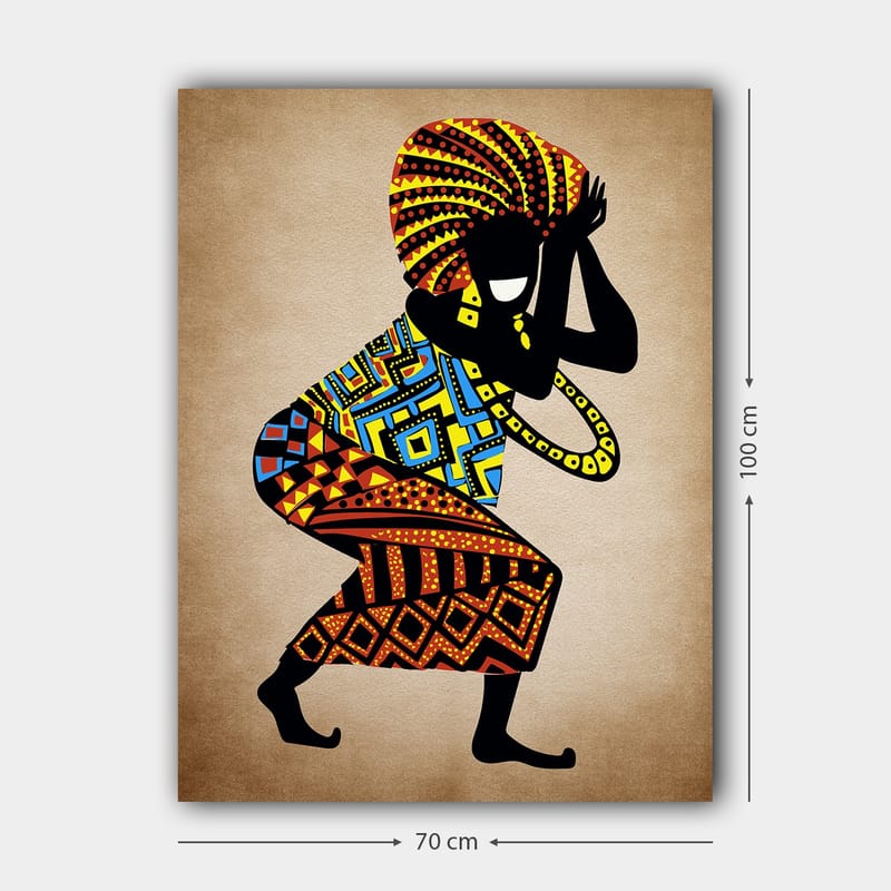 Canvas taulu 70x100 cm - Tyylitelty hahmo värikkäillä kuvioilla tanssimassa suuren päähineen kanssa - Musta / Punainen / Sininen - Sisustustuotteet - Taulu & taide - Canvas-taulu