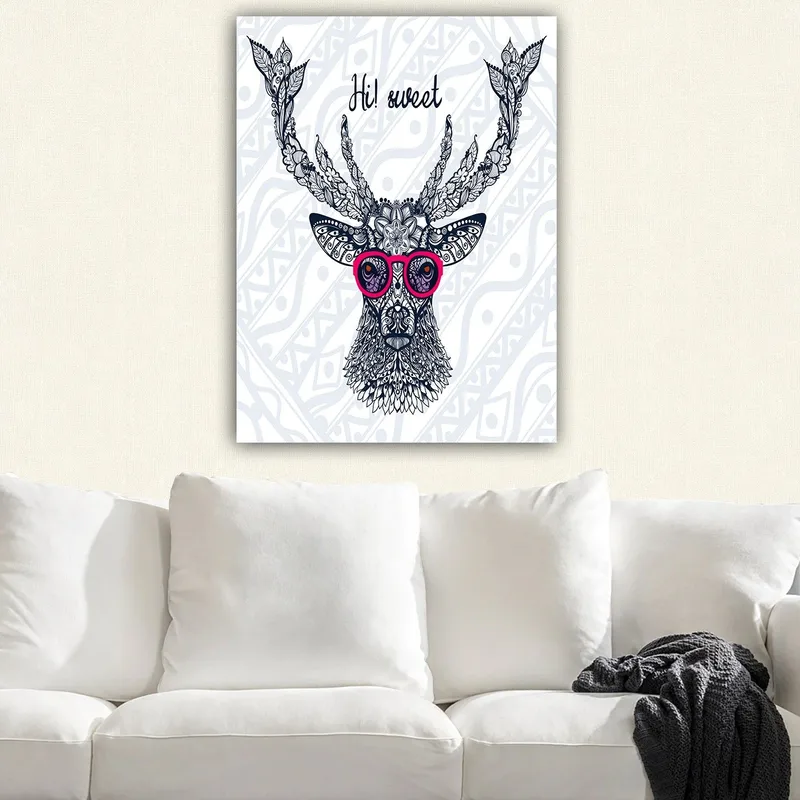 Canvas taulu 70x100 cm - Tyylitelty hirvi laseilla ja koristeellisilla yksityiskohdilla, Tummansininen / Vaaleanpunainen