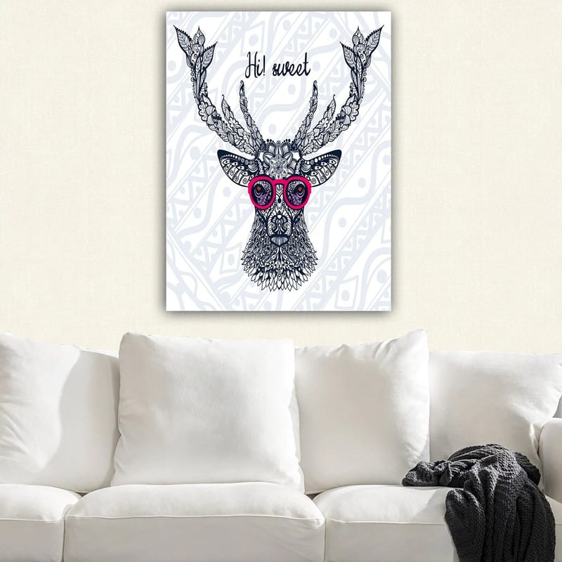 Canvas taulu 70x100 cm - Tyylitelty hirvi laseilla ja koristeellisilla yksityiskohdilla, Tummansininen / Vaaleanpunainen